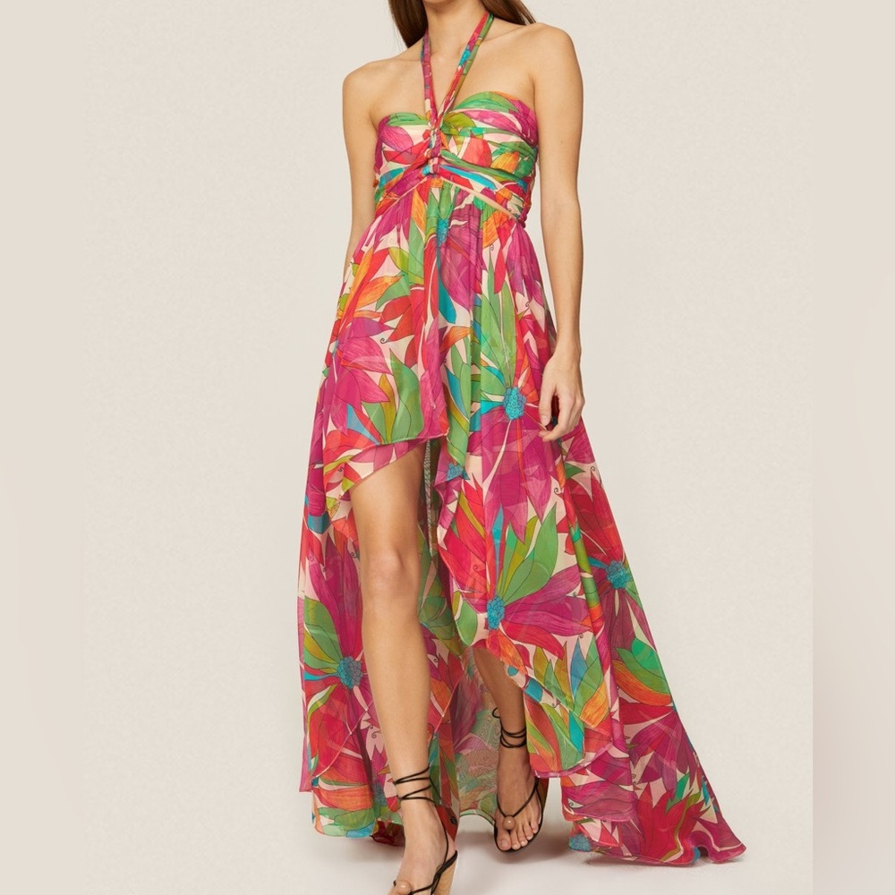 Ronny Kobo Natasha Dress Floral High Low Halter Bra Cut Out Gown